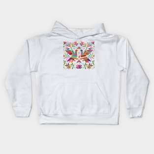 Mexican Otomí Birds. Colorful and floral composition by Akbaly Kids Hoodie